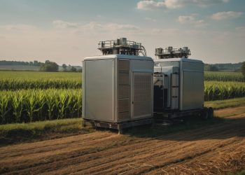Image of a rural agricultural landscape featuring expansive corn fields and biomass gas generators. This depiction showcases the integration of traditional farming practices with modern renewable energy solutions.